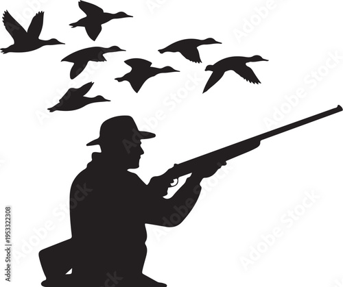 Black silhouette hunter with shotgun and flying birds