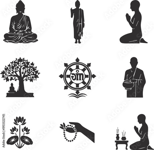 Spiritual Buddha Statues and Buddhist Symbols Silhouette Collection