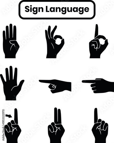 Sign Language Hand Gestures Set: Minimalist Black Silhouette Vector Icons