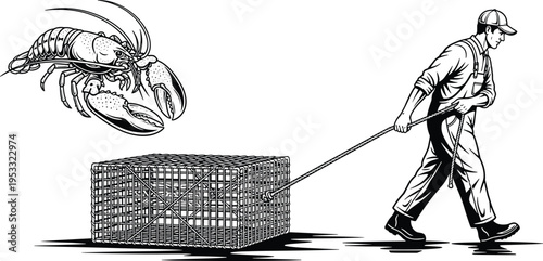 Fisherman pulling lobster trap, seafood harvest illustration, marine crustacean vector, traditional fishing method, aquatic animal design, culinary branding, biology education graphic art