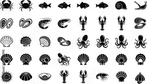 Seafood icons, marine animal silhouettes, crab fish shrimp lobster oyster clam scallop octopus snail, culinary illustration, biology education, restaurant branding vector art