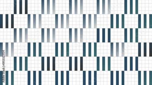 A clean and modern seamless geometric pattern featuring alternating squares of blue vertical stripes with gradients and white grid-lined blocks on a white background.