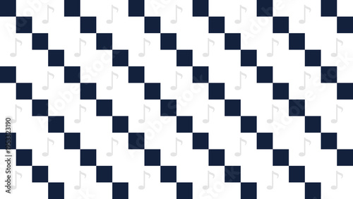 A repeating pattern featuring diagonal lines of dark navy squares interspersed with faint light grey musical note icons on a clean white background.