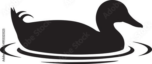 Black silhouette of a duck floating on water ripples