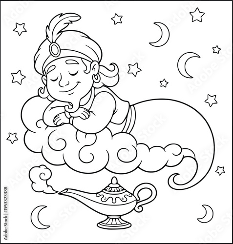 Mythology coloring page of a sleeping genie spirit on a cloud