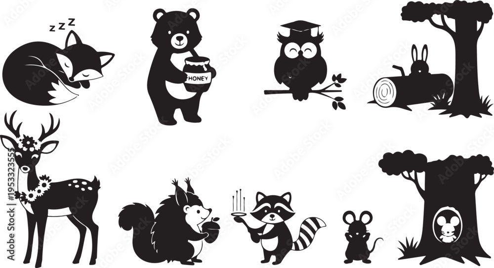 Obraz premium Black silhouettes of various animals in different poses and activities forest nature