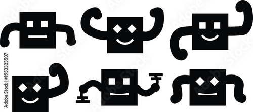Black robot faces, smiling mechanical heads, vector emoticons, cartoon technology icons