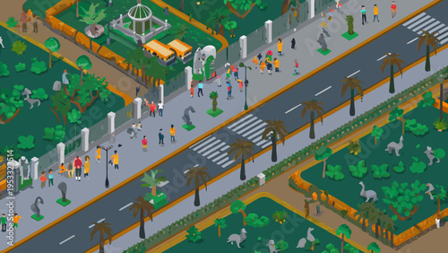 Isometric illustration of a vibrant city park with people and wildlife