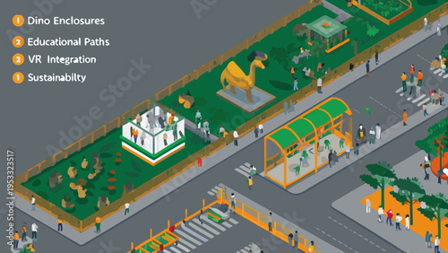 Isometric illustration of a futuristic dinosaur theme park with people