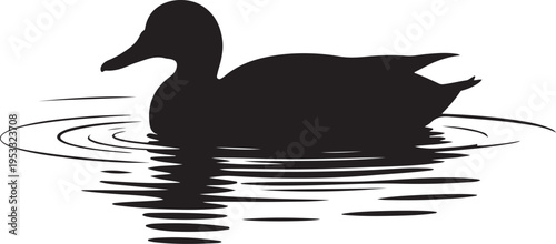 Black silhouette of a duck in water with ripples