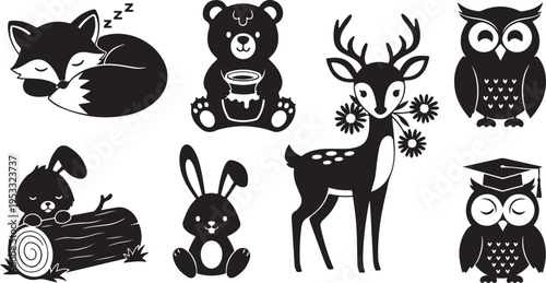 Black and white of sleeping fox, bear with honey, deer with flowers, and owls