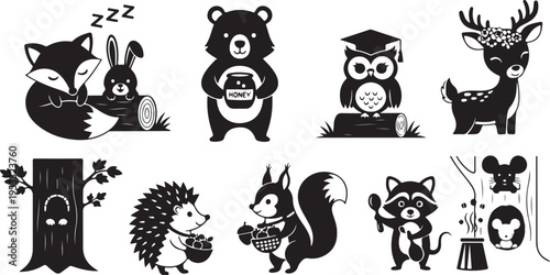 Black and white cartoon animals in various activities and poses 2