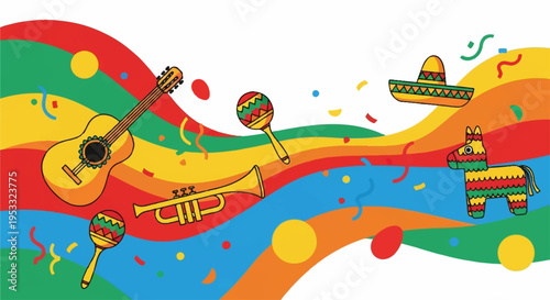 Vibrant musical instruments and maracas on colorful wavy background with festive confetti and dots