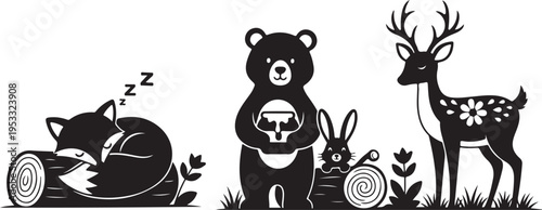 Black and white of sleeping fox bear deer and rabbit in forest setting animals wildlife