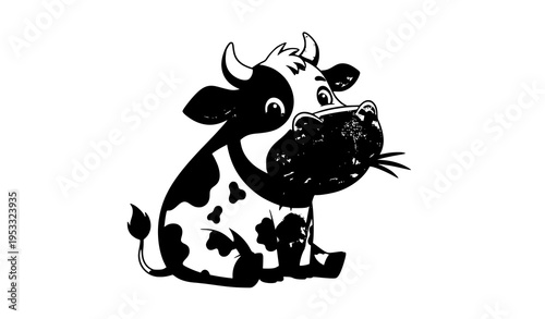 Cute cartoon black and white cow character grazing vector illustration friendly farm animal design