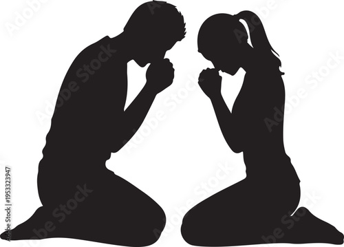 Vector art of couple praying in silhouette isolated on white background