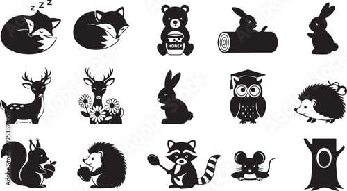 Black and white of various sleeping and active forest animals and