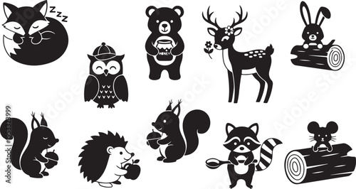 Black and white of various sleeping and eating forest animals