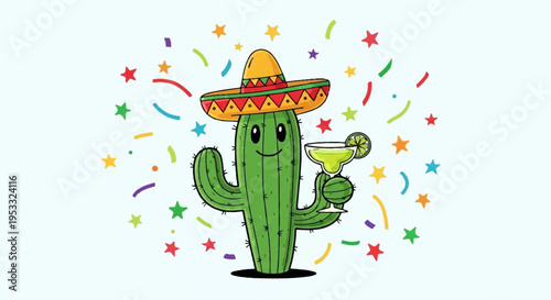 Happy cartoon cactus in sombrero celebrates with margarita and colorful confetti on festive background