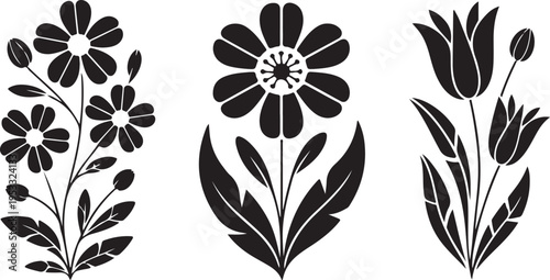 Vector black silhouettes of flowers isolated on a white background.