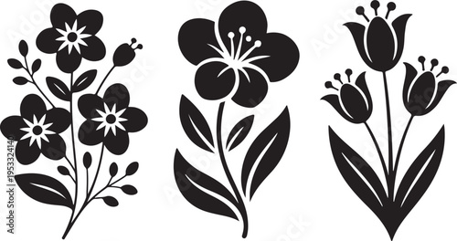 Vector black silhouettes of flowers isolated on a white background.