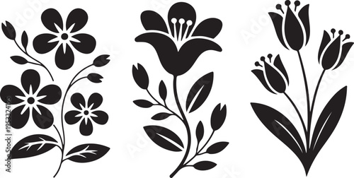 Vector black silhouettes of flowers isolated on a white background.
