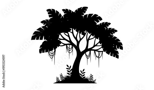 Exotic tropical jungle tree vector cutout with rainforest plants and organic silhouette