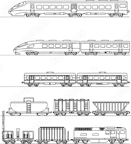 Vector collection of rail transport silhouettes. Passenger and freight transport set of wagons and locomotives.