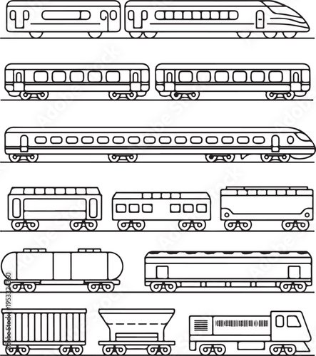 Vector collection of rail transport silhouettes. Passenger and freight transport set of wagons and locomotives.