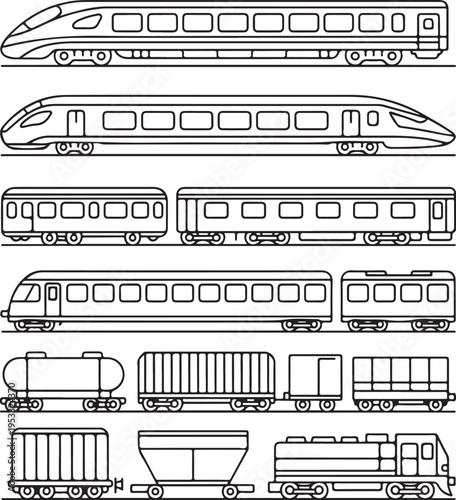 Vector collection of rail transport silhouettes. Passenger and freight transport set of wagons and locomotives.