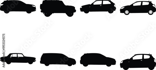 Assortment of black vehicle silhouettes featuring cars and an off-road vehicle on white background.