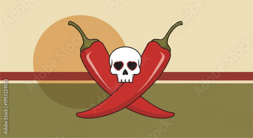 Spicy warning sign with crossed red chili peppers and skull icon on table surface