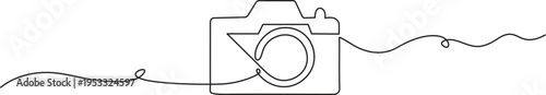 Photo camera in one line art style. Minimalist illustration of a camera for photography and creativity, drawn with one continuous black line. Vector illustration. Continuous one line drawing of camera