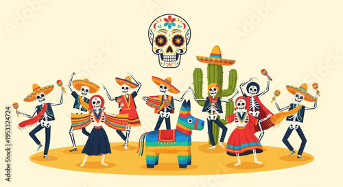 Vibrant dancers celebrate dia de los muertos with sugar skull cactus and mariachi hats in traditional mexican attire on yellow background