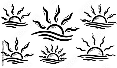 Hand Drawn Sunrise Sunset Icons with Artistic Sun and Horizon Elements