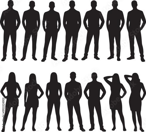 Vector detailed silhouettes set of standing people male and female full body front view with body gesture isolated on white background. Crowd, group of people vector illustration