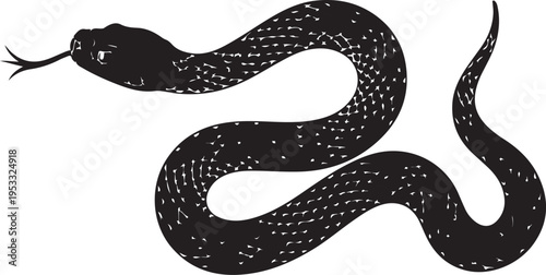 Vector elongated snake silhouette illustration. Black serpent isolated tattoo design.