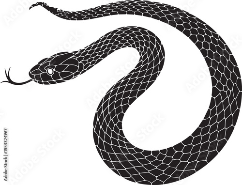 Vector elongated snake silhouette illustration. Black serpent isolated tattoo design.