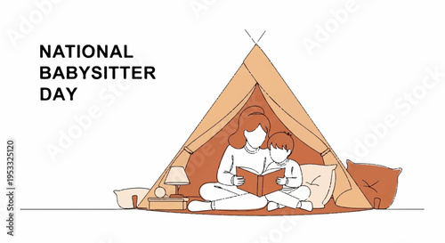 Woman babysitter reading book to child in cozy tent on national babysitter day