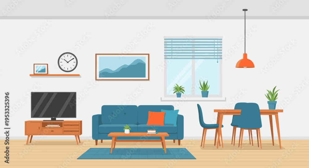 Fototapeta premium Modern living room interior with comfortable furniture and dining area.