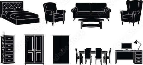 Stylized furniture silhouette icons illustration, modern home interior design, bedroom, living room, dining room, office desk, minimal black graphics