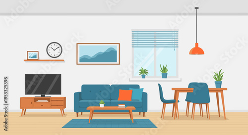 Modern living room interior with comfortable furniture and dining area.