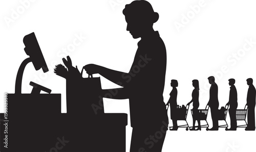 Black silhouette of cashier and customers with shopping carts in line