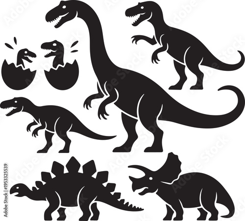 Vector illustration of dinosaur silhouette including Stegosaurus, Brontosaurus, Velociraptor, Triceratops, Tyrannosaurus rex, and Spinosaurus.