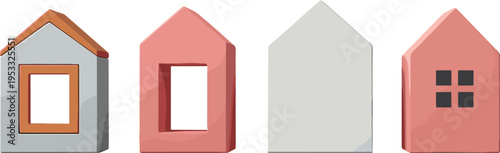 Stylized house icon variations illustration, geometric home design, architectural concept art, minimal shapes, modern housing symbols, creative property modeling graphics