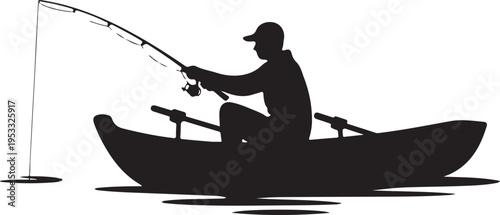 Black silhouette of man fishing from canoe on water 1