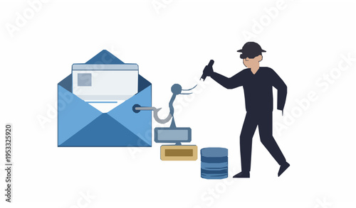 Email Phishing and Cybersecurity Vector Illustration Hacker Stealing Data Concept