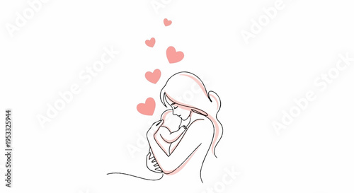 Mother tenderly holding newborn baby with hearts floating above symbolizing love and care