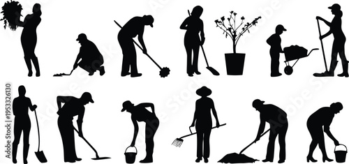 Silhouettes of gardeners working with tools planting watering and cleaning garden representing landscaping and outdoor maintenance isolated on white background