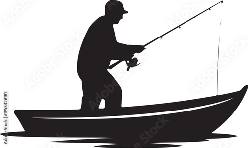 Black silhouette of man fishing in boat water